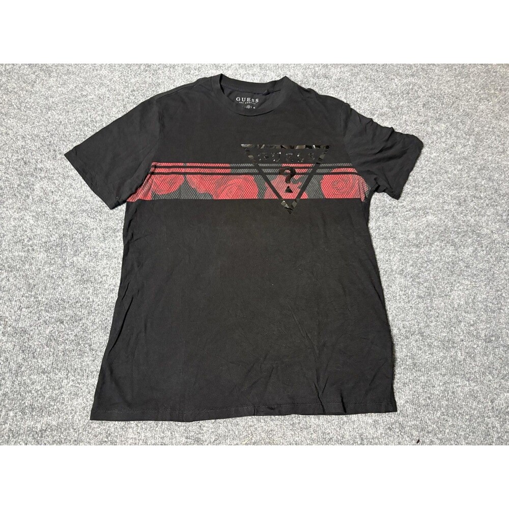 GUESS Shirt Mens M Black Crew Neck Rose Logo Graphic Tagless Tee Casual